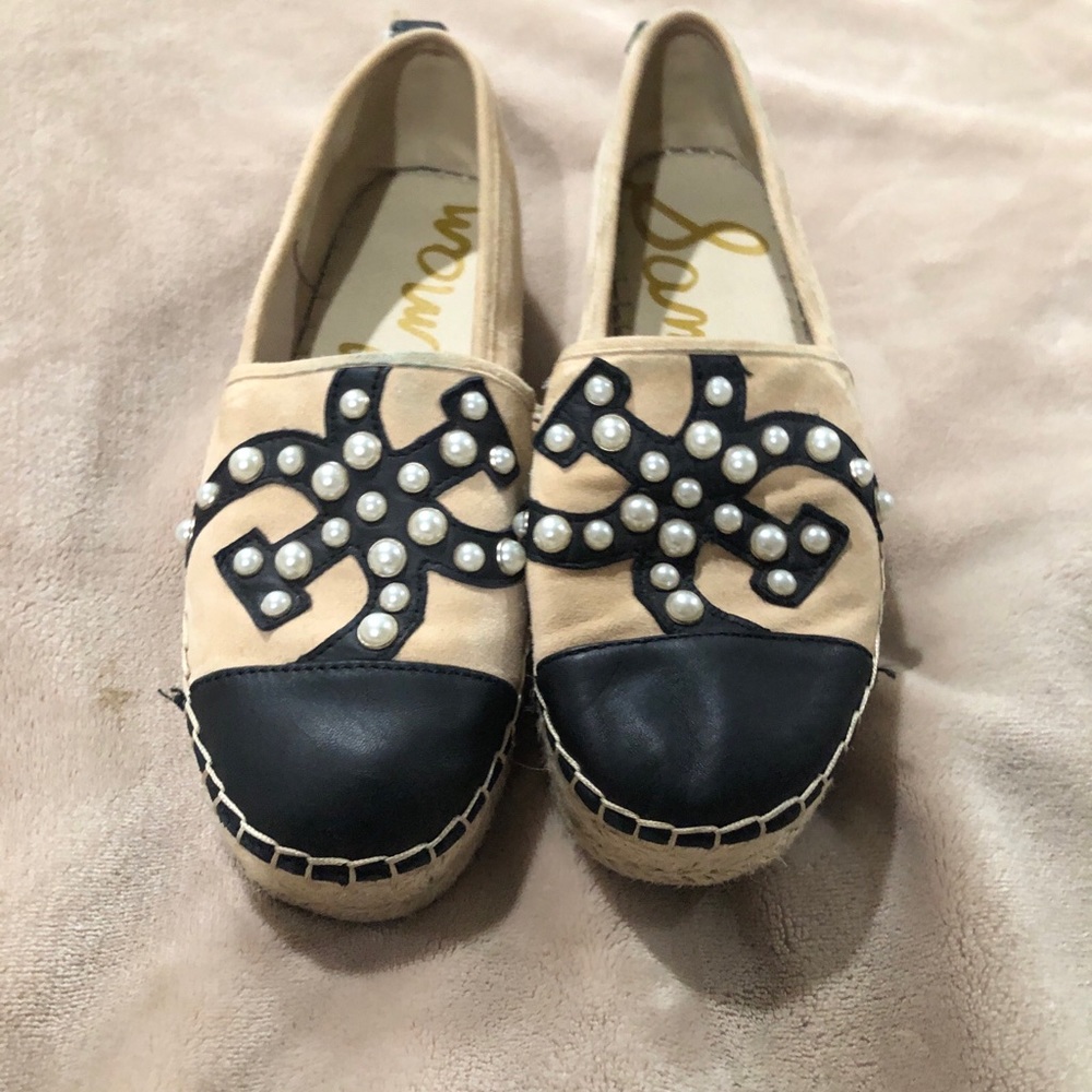 Sam Edelman Celton Leather Espadrille Pearl Beaded Logo Platform Shoes 7.5 Cream
